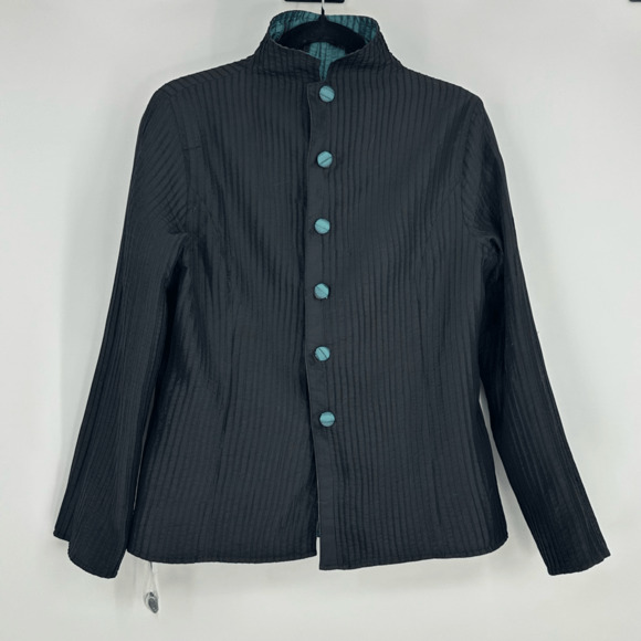 Vintage 80s Women’s Pleats Reversible Jacket Iridescent Green Black Asian Style - Picture 6 of 10